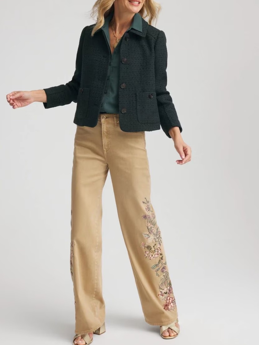 Chico's Tweed Cropped Button Front LS Jacket Darkest Spruce Sz 3 US XL NWT Offic